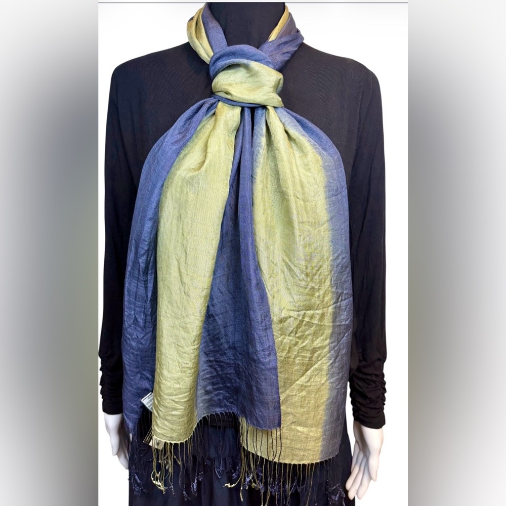 NWT Ten Thousand Villages Silk Ombre Fringe Scarf Blue Green